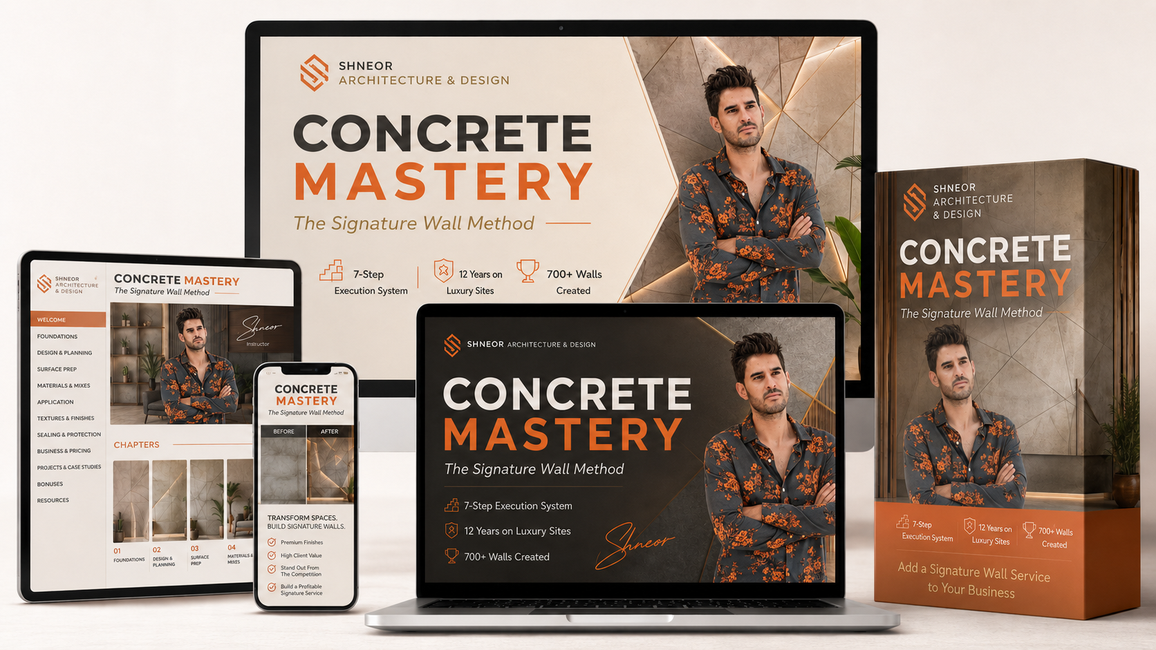 Concrete Mastery - The Signature Wall Method - Course mockup shown on laptop, tablet, mobile and physical box